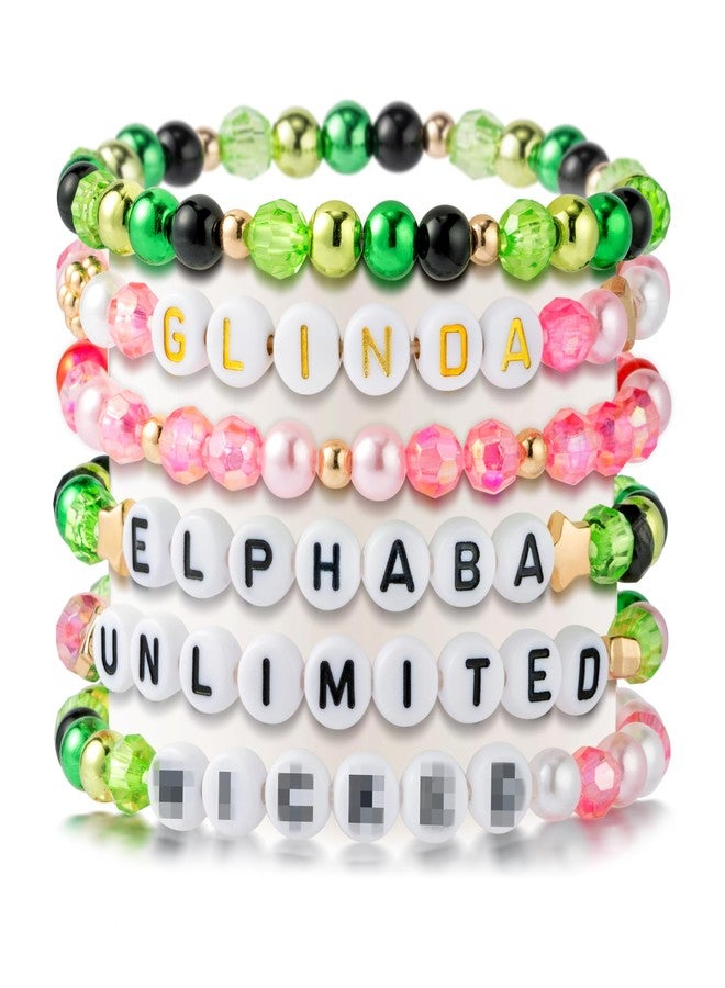 DJianrang 6Pcs Witch Friendship Bracelets, Pink Green Color with Letters Bead String Elasticity Bracelet, Women Girls Friend Jewelry Accessories Gift for Magic Movie Theme Fans Party Halloween Wedding - Image 1